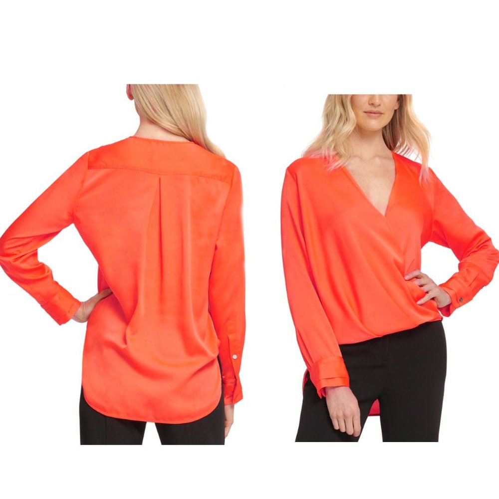 DKNY Women's Faux-Wrap Long Sleeve High-Low Top - M
